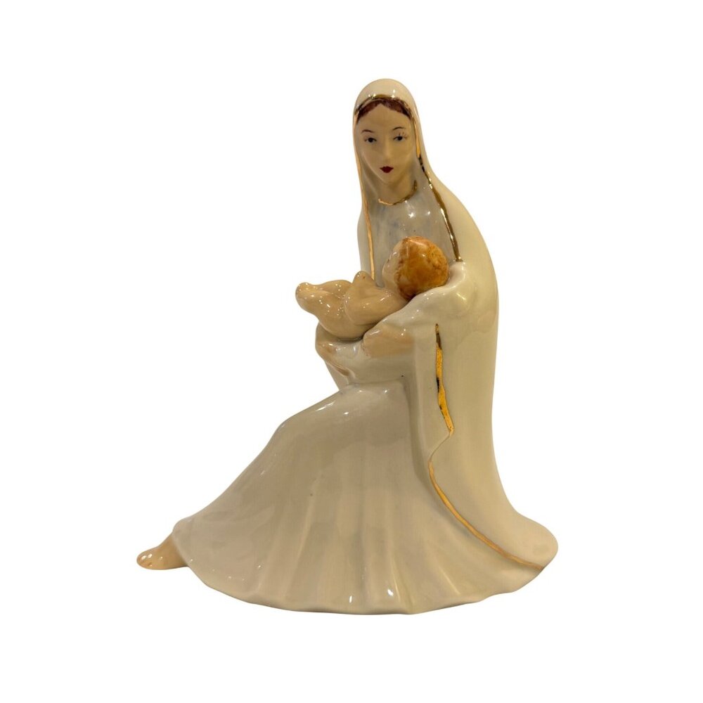 Ceramic Figurine Of Mary Holding Baby Jesus With Gold Accents